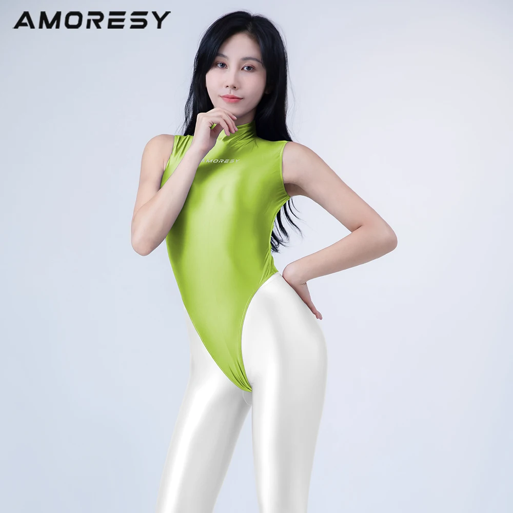 AMORESY Women Sexy Oil T-Back High Neck Tights One Piece Swimsuit High Cut Sleeveless Leotards Back Zipper Swimwear Bathing Suit