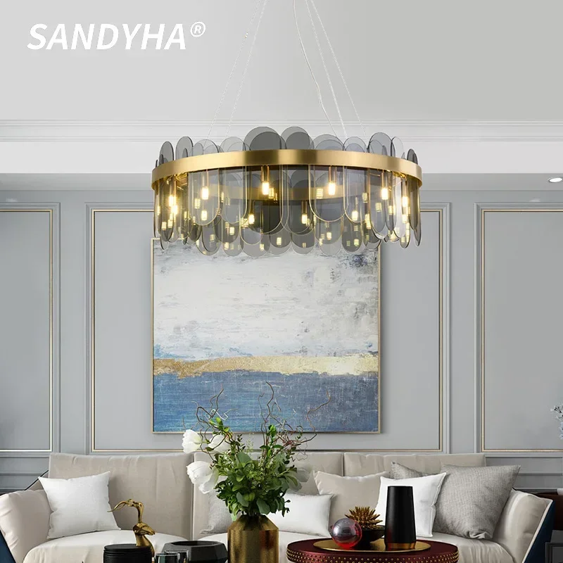

SANDYHA Modern Minimalist Smoke Grey Crystal Pendant Lights for Living Room Dining Room Bedroom Stylish Glass Decor Creative