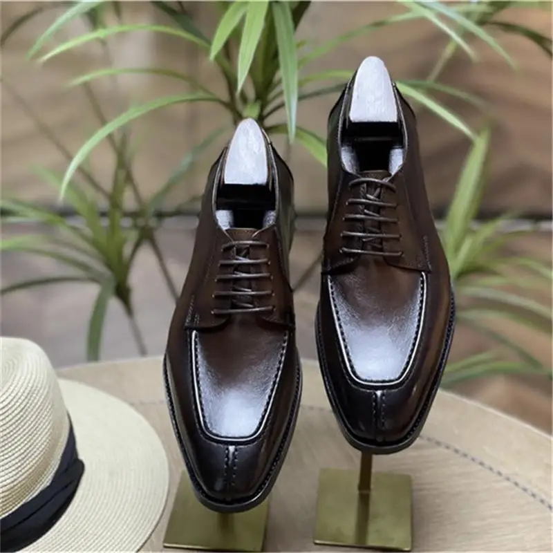 Men Derby Shoes Leather Square Toe Low Heel Classic Lace Up Fashion Comfortable Business Casual Daily Men Shoes