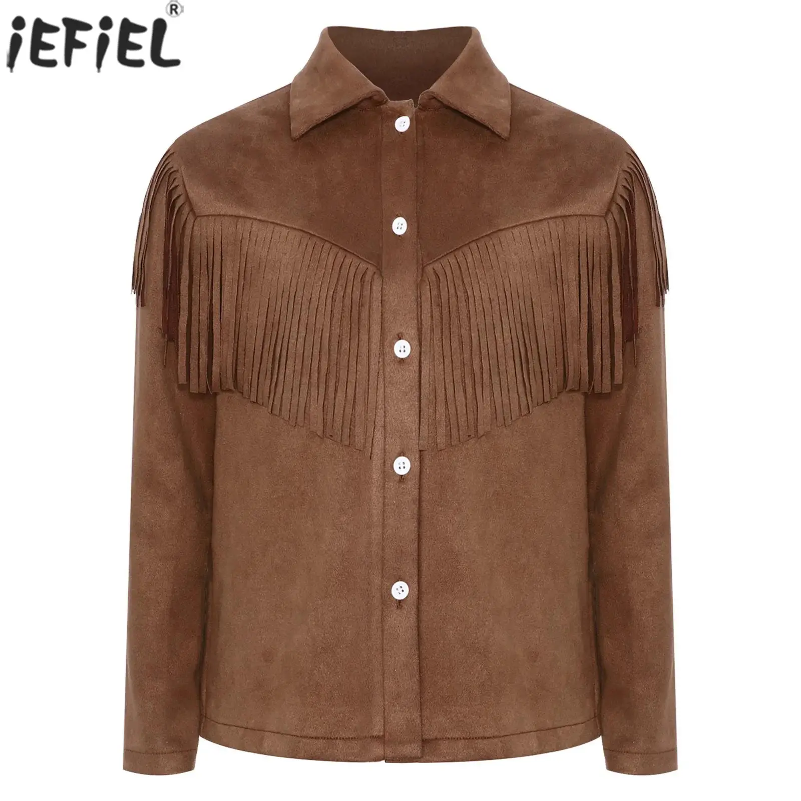 Boys Girls Western Cowboy Cowgirl Costume Long Sleeve Vintage Fringe Suede Coat Top Halloween Carnival Party Cosplay Dress Up