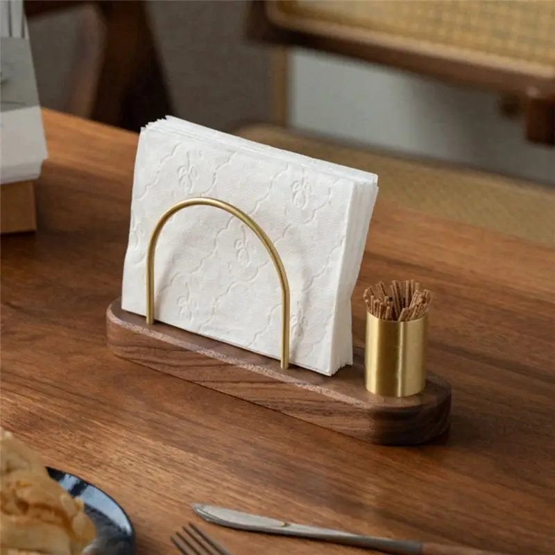 TFORU-Solid Wood Semicircular Brass Paper Towel Holder Dining Table Kitchen Paper Holder Desktop Vertical Paper Towel Holder