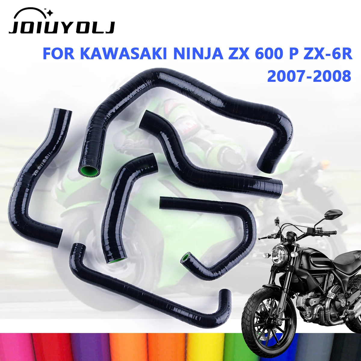 

For 2007 2008 Kawasaki Ninja ZX 600 P ZX-6R Green inside and black outside Silicone Coolant Radiator Hose Kit