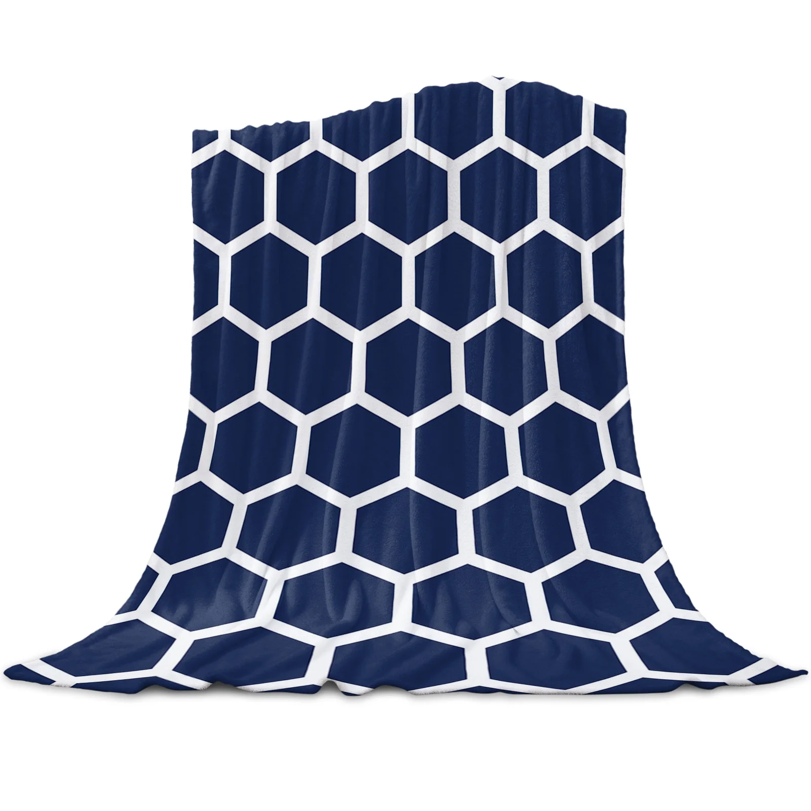 Morocco Hexagonal Indigo Blue Geometric Printed Throw Blanket Flannel Fleece Blankets for Sofa Couch Bed Bedroom Bedspread