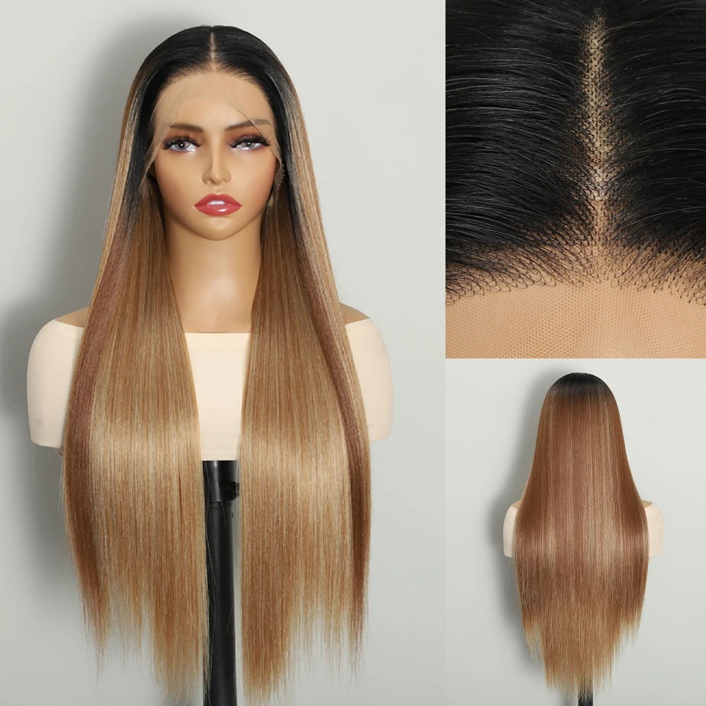 28inch 28inch Dark Root Ombre Brown Bio Synthetic Straight T-Part Lace Front Wig Pre-Plucked High Temperature Swiss Lace Wigs - Aliexpress Deal