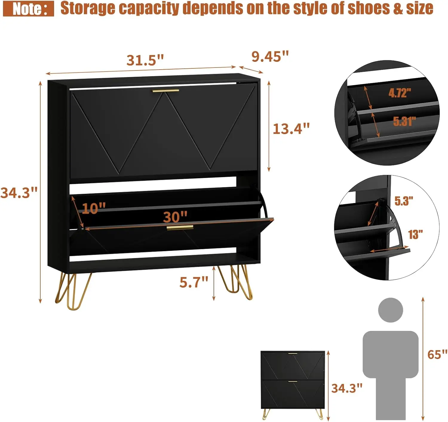 خزانة أحذية سوداء رفيعة مع درجين، منظم مدخل ضيق بمقبض معدني وأرجل #2