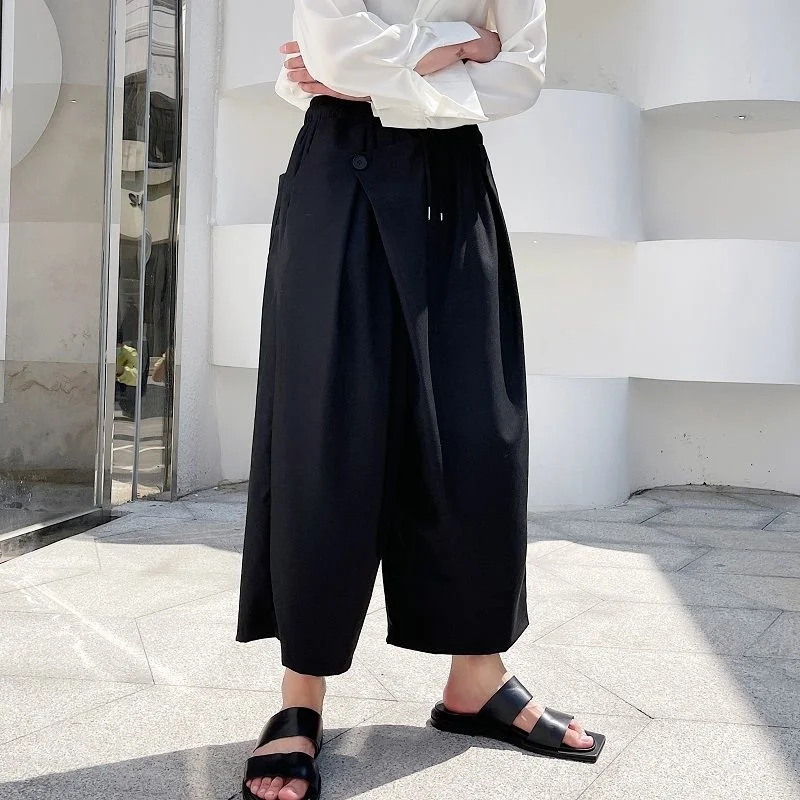 

New 2022 Summer Loose Wide Leg Pants For Men Japan Korean Trend Temperament Fashionable Black Ankle Length Pants 2Y7227