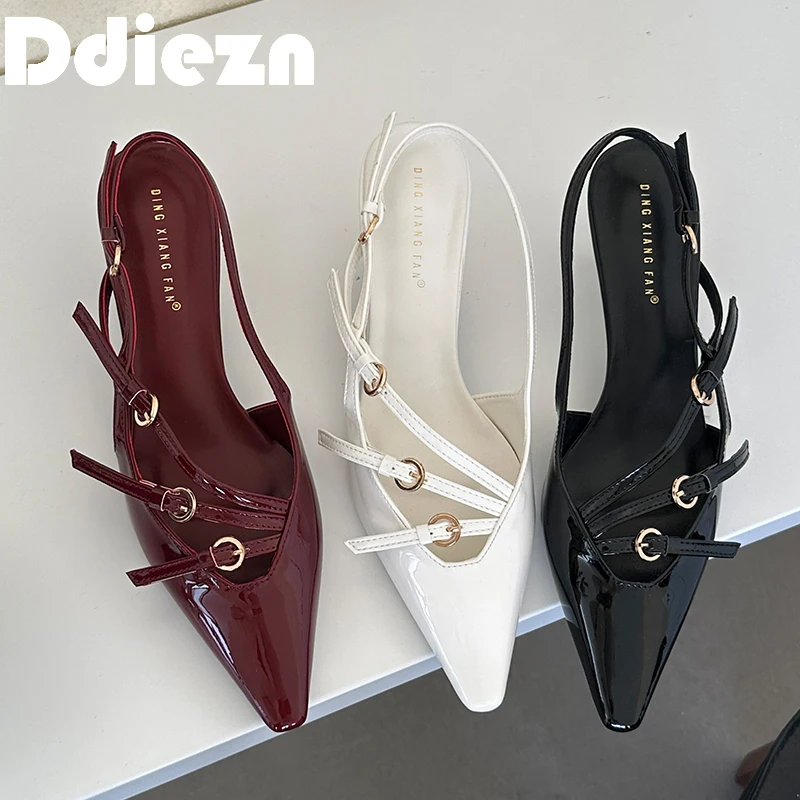 Ladies Heels Shoes Luxury Female Fashion Metal Buckle Sandals Pumps Spring Women Med Heels 2024 Footwear Pointed Toe Shoes