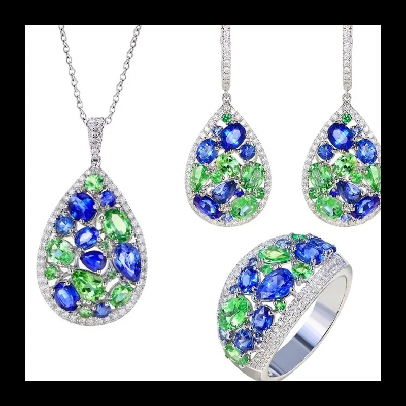 Zestaw Monet's Garden Treasure, wisiorek z diamentem i szafirem tsaworytem, otwarty pierścionek, długie kolczyki na biglach