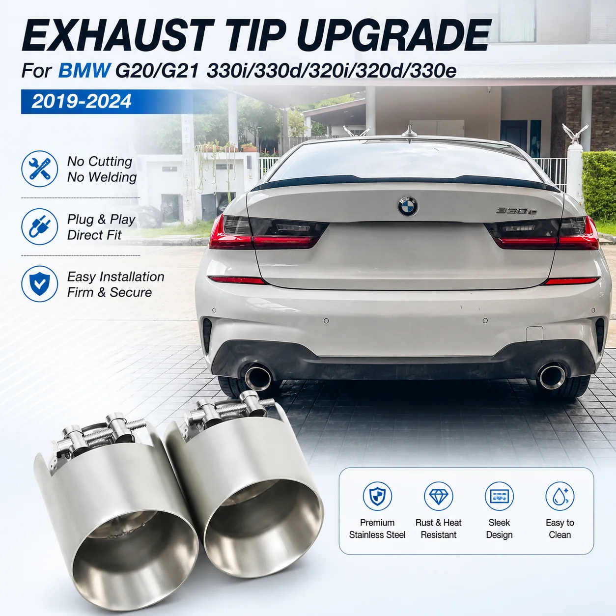 Direktanschluss-Auspuffblende aus mattem Edelstahl, kompatibel mit BMW 3er Serie G20 G21 320d 320i 330e 330i 330d ab 2019+ mit Endrohr.
