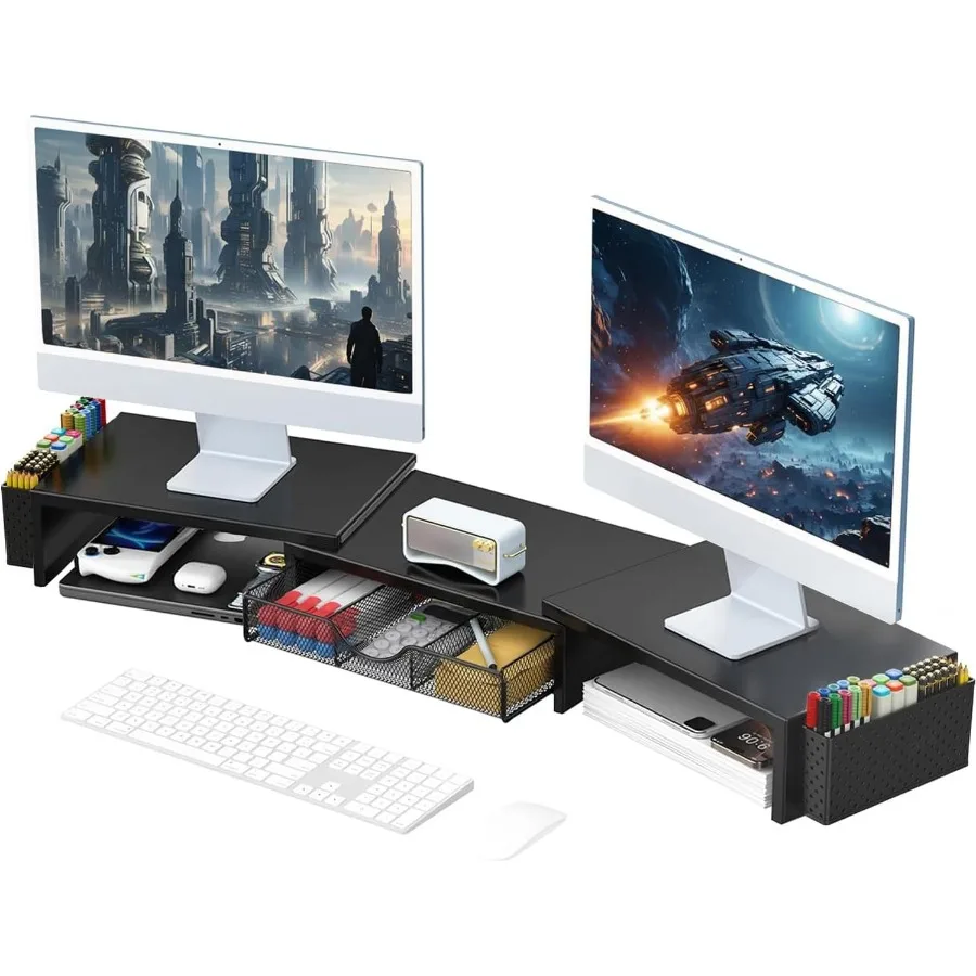 

Dual Monitor Stand Riser Desk Organizer With Drawer and 2 Pen Holders Computer Monitor Stand Desk Shelf for Top of Desk Balck