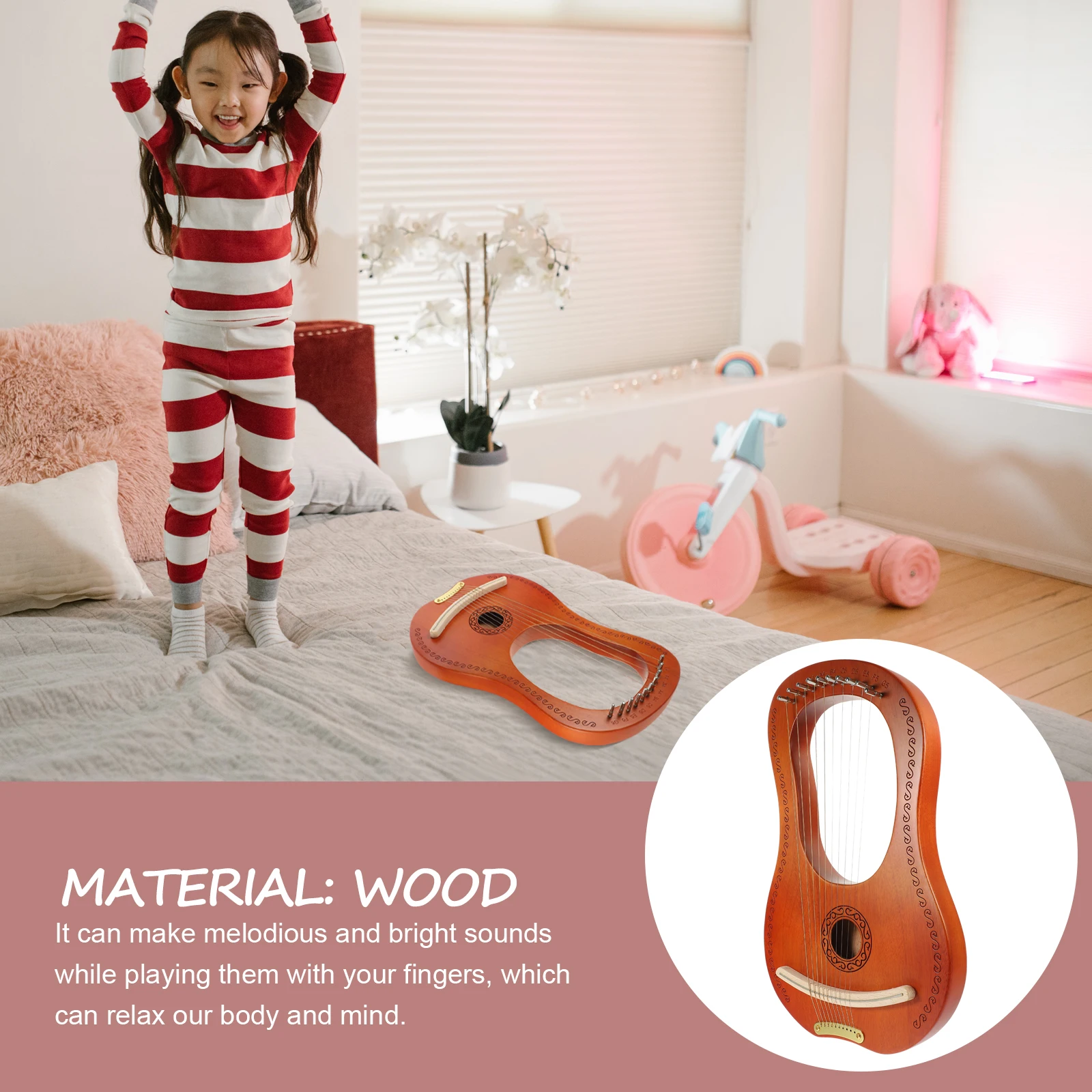 

1Set Retro Harp 10 String Wood Body String Instrument Smooth Surface Long Lasting Melodious Tones Wood Lyre Harp