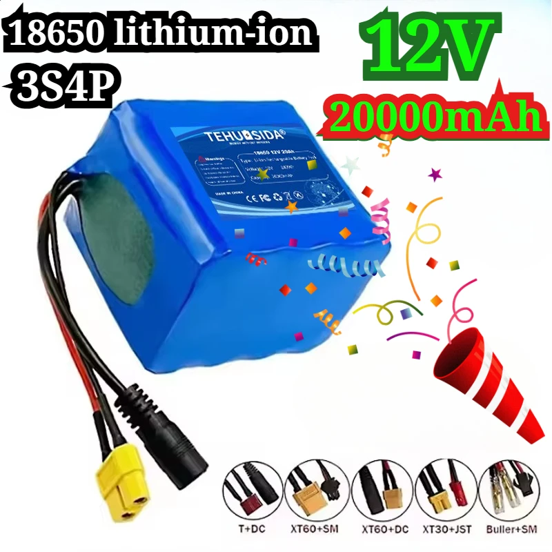 12V20000mAh 18650-3S4P Lithium-ion Rechargeable Portable Battery Pack Built-in BMS Suitable for Fans, Power Tools, Home Energy
