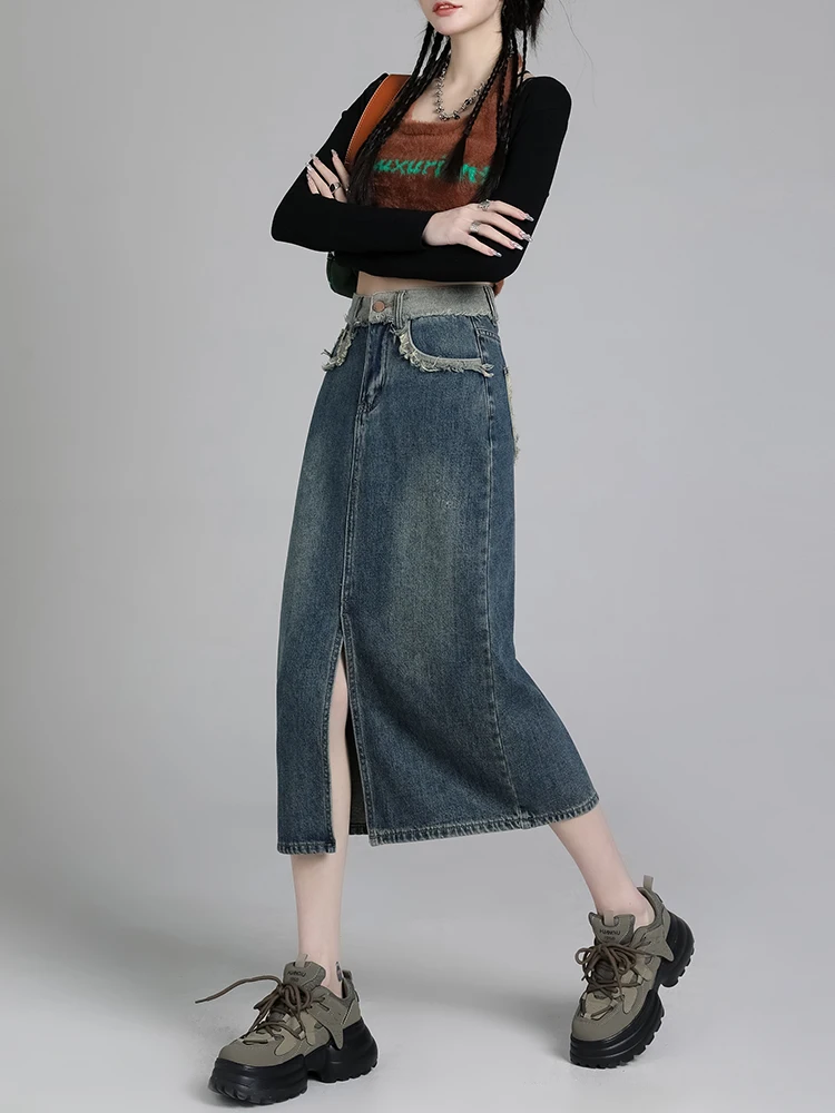 

Джинсовая юбка с высокой талией и разрезом, женская, новинка 2025 года, летняя, в стиле Spicy Girl, маленький размер, А-силуэт, облегающая, миди, ретро, Sle Pure C