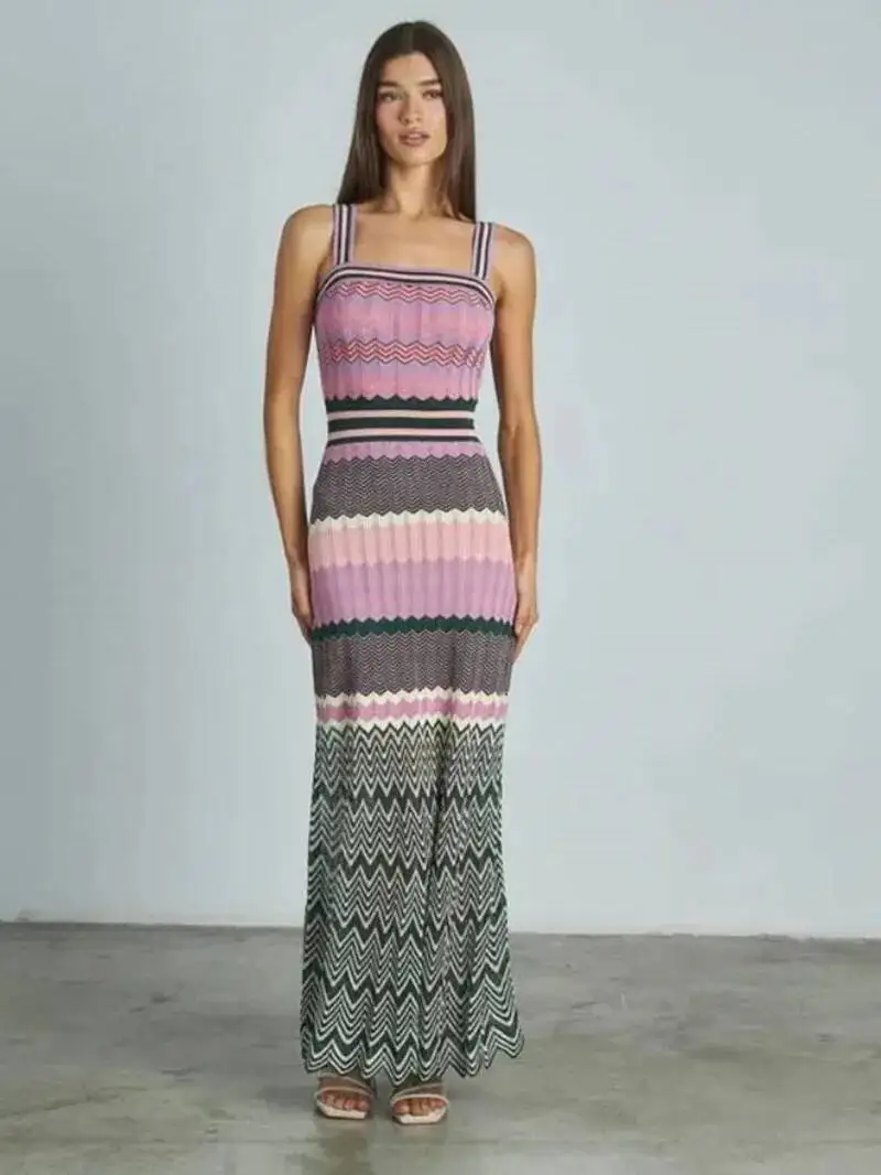 Elegant Knitting Dress Women Slim Sleeveless Square Collar Sling Long Dresses 2025 Autumn New Female Vacation Fashion Robes TDS8