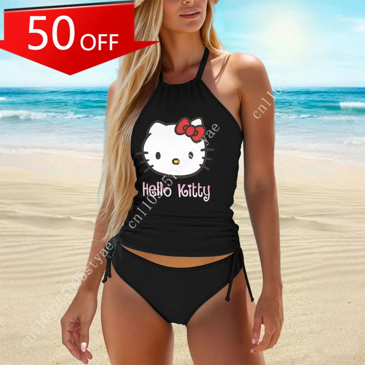 

Hello kitty Sanrio Cartoon 2pcs Swimsuit Beach Halter Bikini with chest pad, Party Bikini Cosplay swimming tankini
