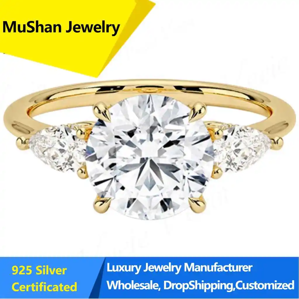 MuShan Jewelry S925 Sterling Silver Set With Cultured Diamond 1 Carat Wedding Ring Ngtc Certificate Three Stone Ring Ins St