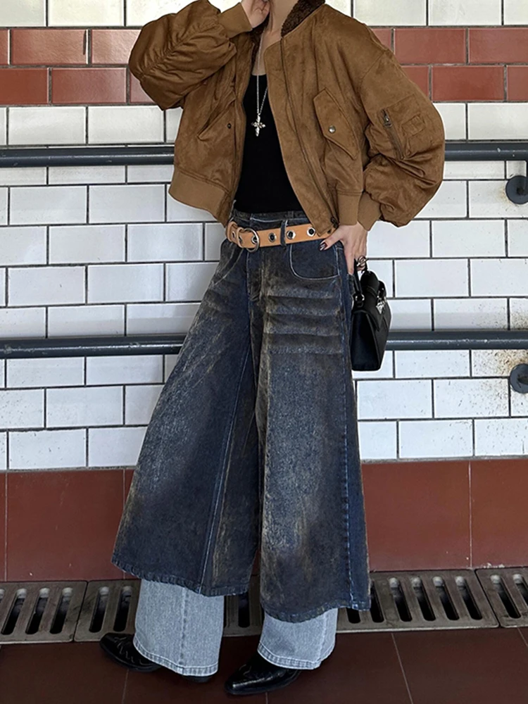 American Style Retro Fake Two Piece Jeans Women's Autumn and Winter New High Street Wide Leg Double Layer Splicing Pants
