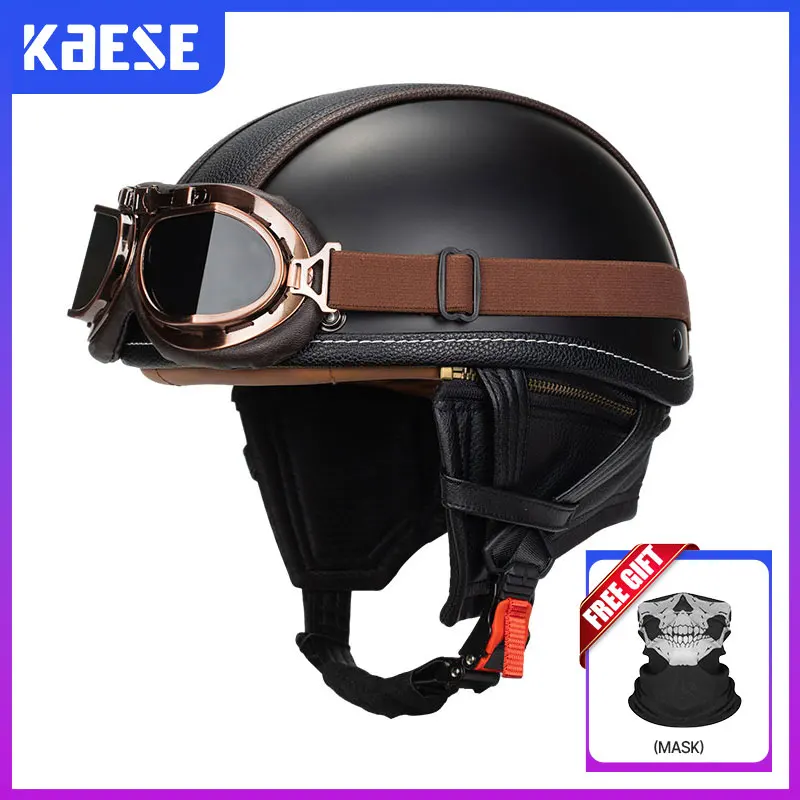 Retro Half Face Motorcycle Helmets Vintage Low Profile Open Face Helmet Leather DOT Approved Men Women Motorbike Scooter Helm