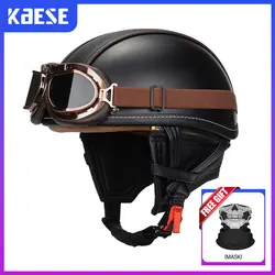 Cascos Retro de media cara para motocicleta, casco de cara abierta de perfil bajo, aprobado por DOT, de cuero, para hombre y mujer