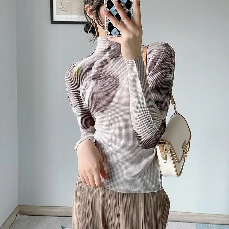 

Женская футболка Slim Fit Long Sve Base irt f с высоким воротником, трикотажная футболка с морщинами, повседневная деловая футболка из полиэстера с цветочным принтом и растениями