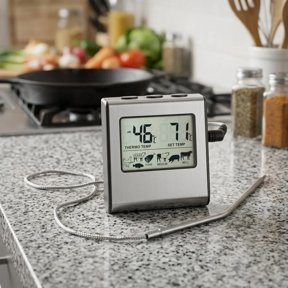 1pc LCD Digital Meat Thermometer With Stainless Steel Timer Probe Meat Thermometer For Grilling Oven Baking Cooking Needs