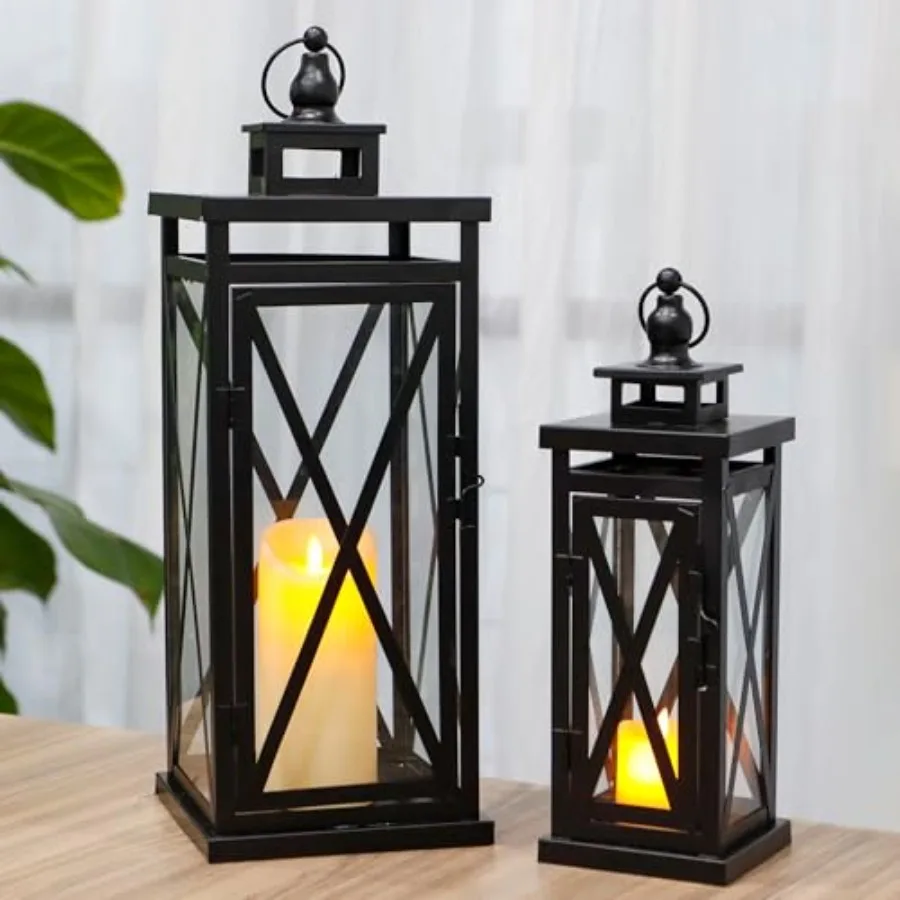 Set of 2 Deacorative Candle Lantern 20'' and 11'' High Metal Candle Holder Hanging Lanterns with Tempered Glass Perfect for Ind