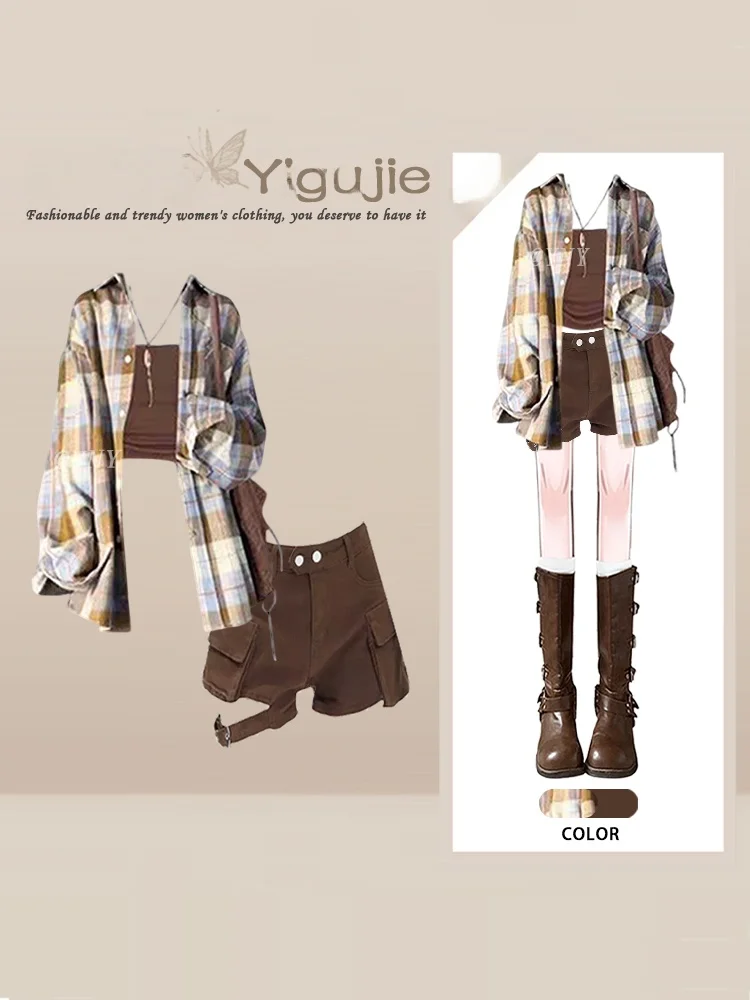Autumn Plaid Color Block Shirt Top Vest Coffee Short Pants Three Piece Set Women's Atmosphere Salt Style Light Maturity Clothing