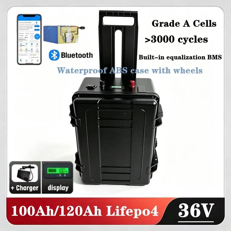 battery36V100AH120AH Lifepo4 battery deep cycle Bluetooth BMS wheel trolley case for 4300W boat,Camping equipment,RV,Two-wheeler