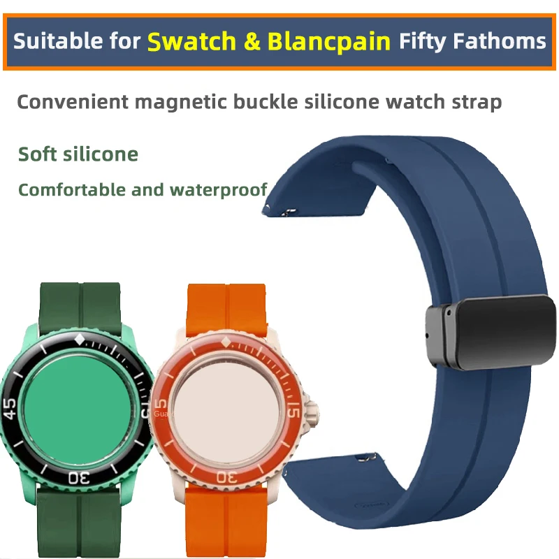 Soft silicone strap 22mm for Swatch Blancpain Fifty Fathoms Co branded Five Ocean Men Women Bracelet Blue Orange Green Grey tool