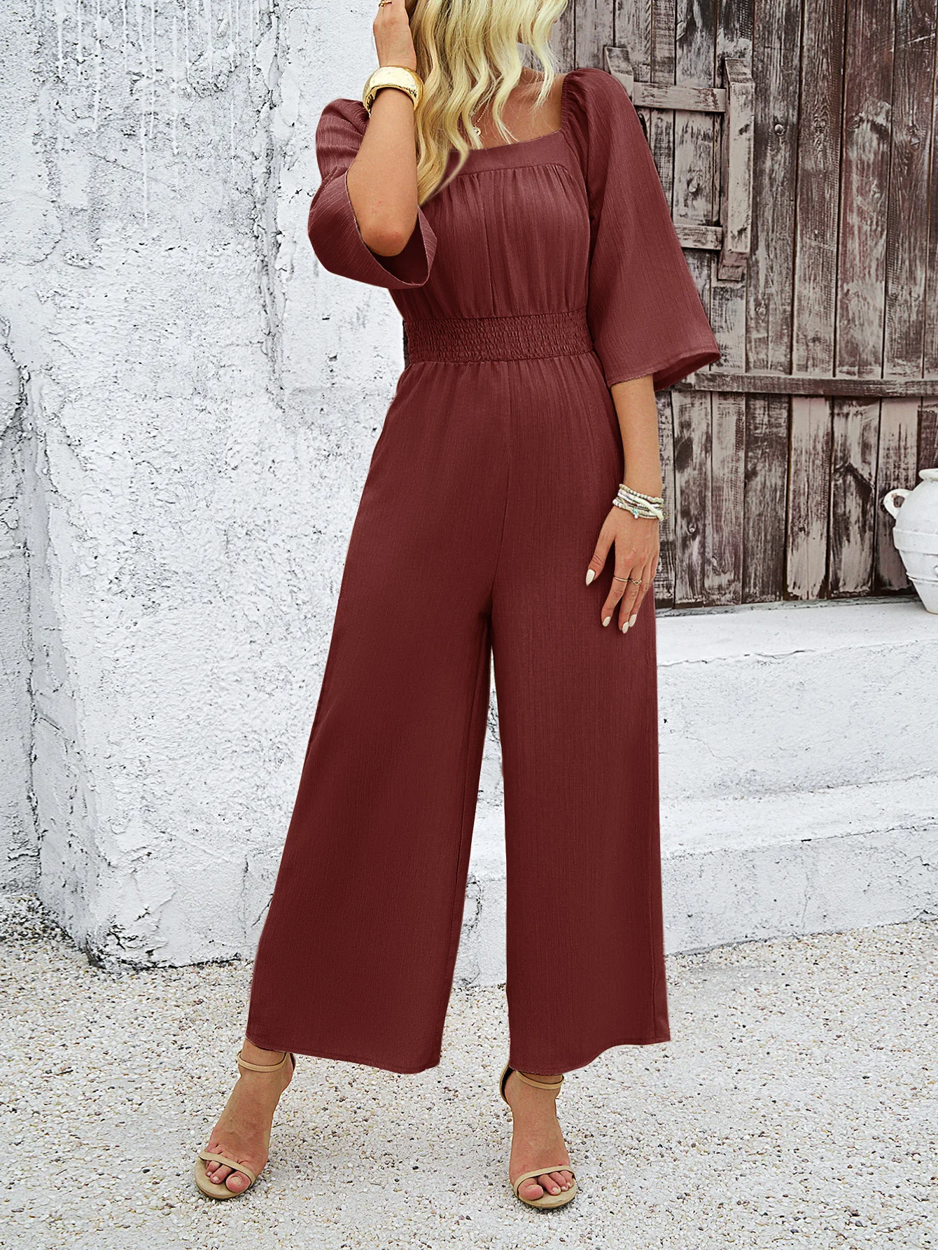 

Solid Color Slim Fit Wide Leg Jumpsuit Leisure Vacation Style Waist Cinched Wide Leg Pants with Square Collar and High Waist