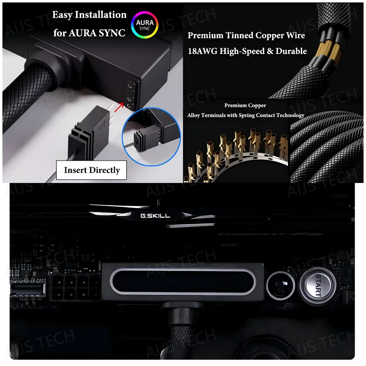 Удлинительный кабель для материнской платы AIJS ATX24Pin, 18AWG 90 °   Прямоугольная конструкция, кабель ARGB 5 В 3-контактный разъем «папа-мама»