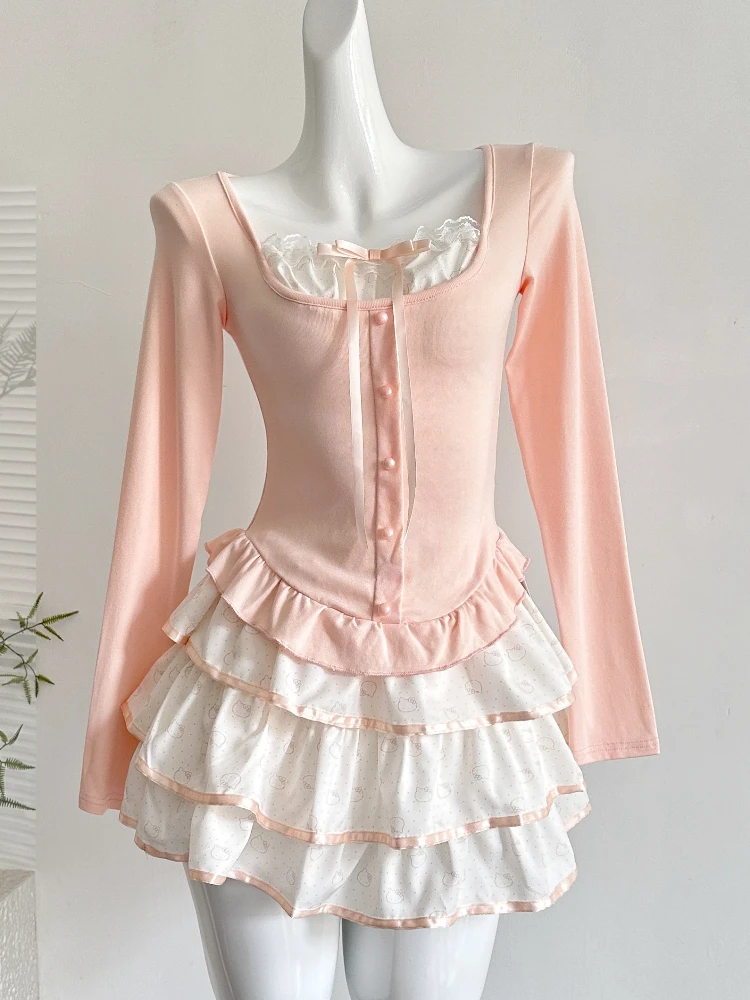 

Осенний Kawaii Sweet Тонкий комплект из 2 предметов Женский комплект с длинным рукавом Японский милый шикарный розовый топ Модный дизайн Короткая юбка с принтом Костюм Новый