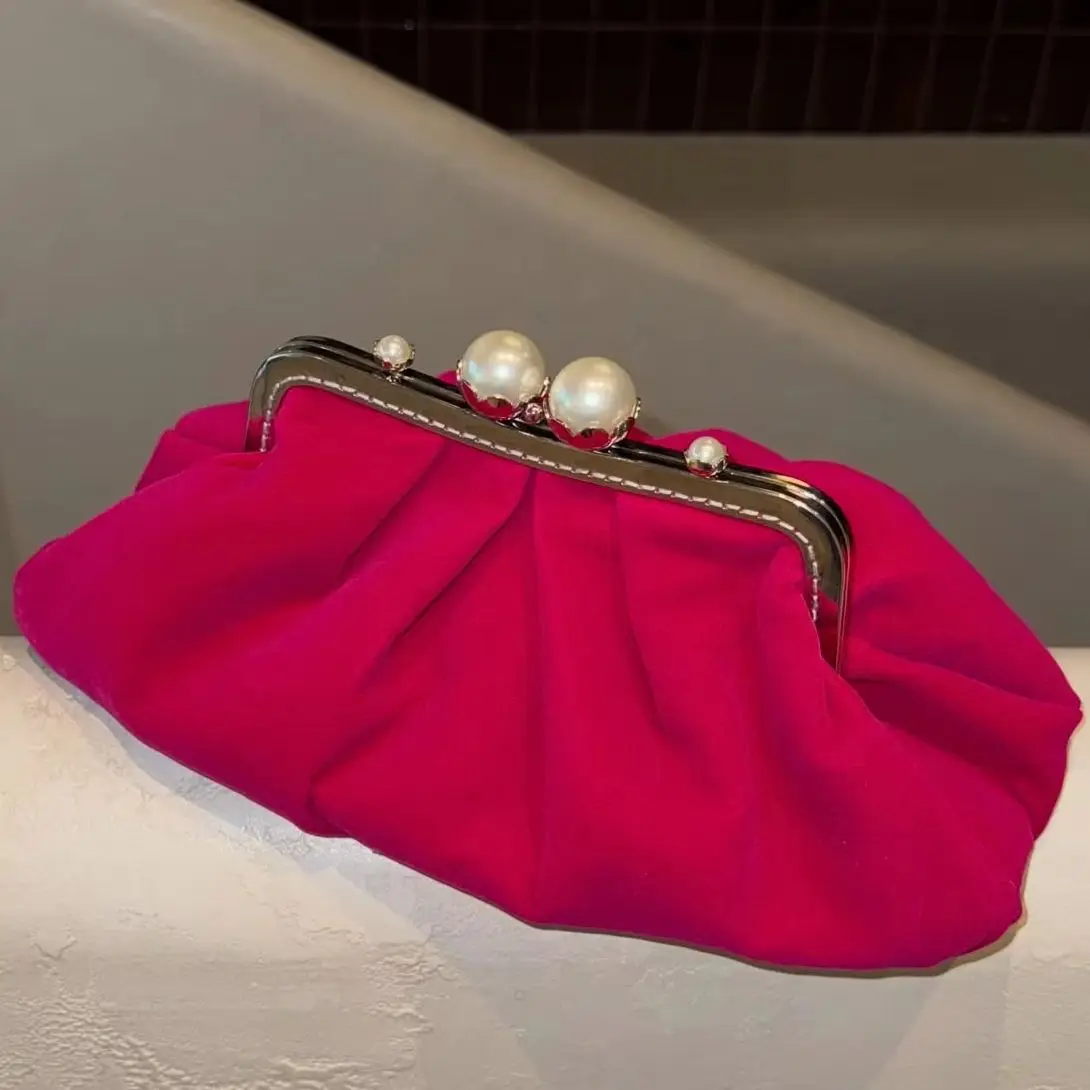 LOST IN VINTAGE Mink Soft Soild Hasp Bag VelvetBag Pearl Balls Bronze Kiss-lock Large Purse Clutch Metal Frame Borsa 37x25x10cm