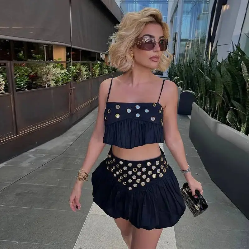 

Sexy Sequin Top Skirt Party Women Strap Ruffle Solid Slash Neck Crop Tops Mini High Waist Bud Skirts 2025 Fashion Summer Set