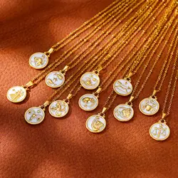 Vintage Drip Oil 12 Constellation Necklace For Women Gold Color Zodiac Sign Coin Pendant Necklace Stainless Steel Chain Jewelry