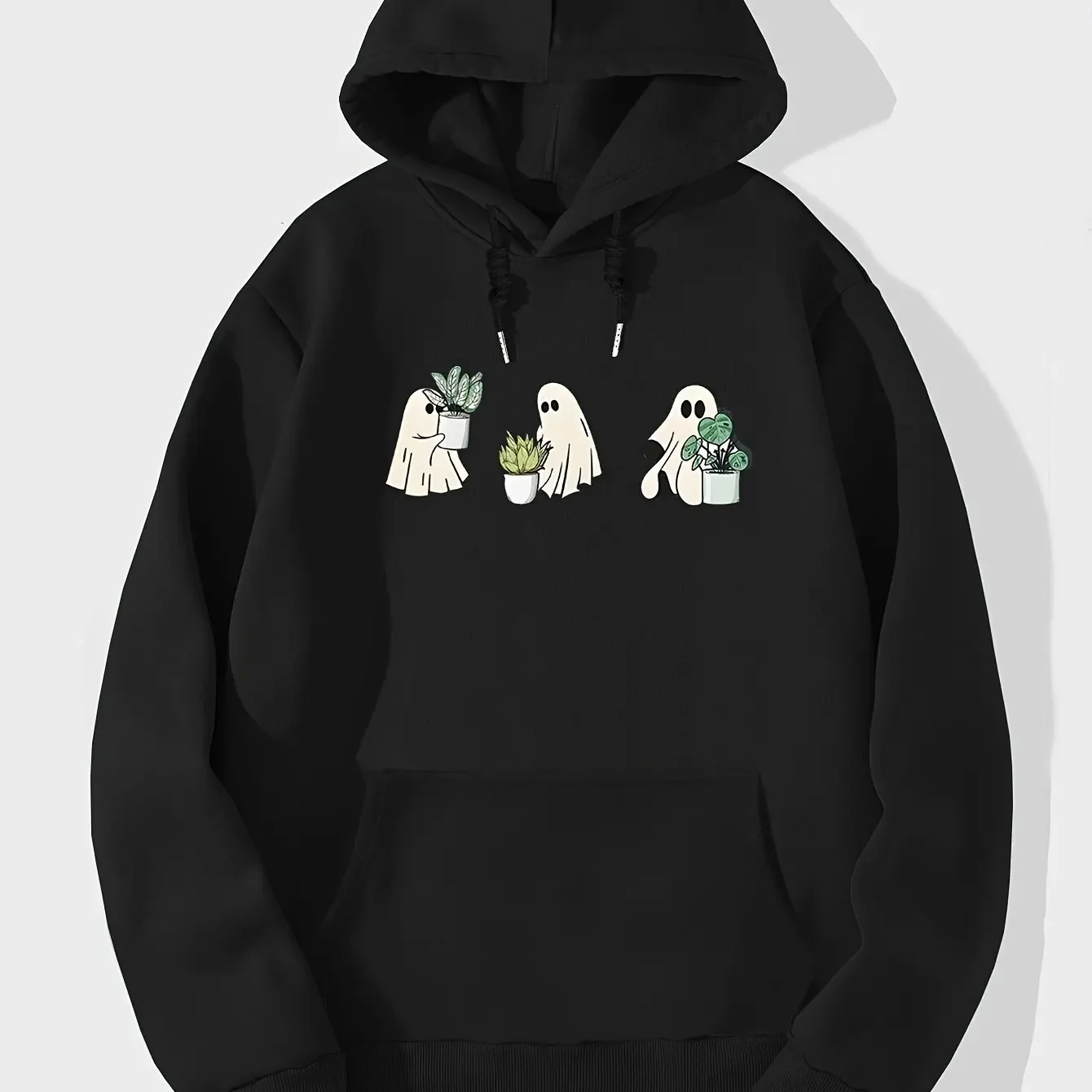 Whimsical Halloween Three Ghosts Carrying Different Potted Houseplants Print Oversized Front Pocket Hoodie