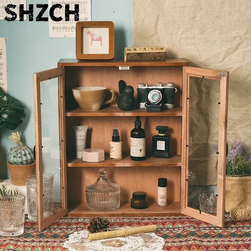 Vintage Handcrafted Storage Cabinet Multi-Layer Wooden Organizer Tea Set Display Cabinet Decorative Two-Door Storage Unit