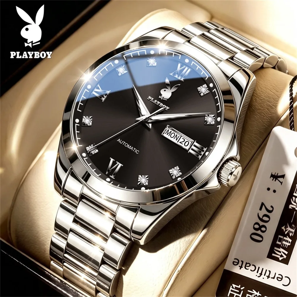 PLAYBOY 3131 Business Mechanical Movement Men Watch Calendar Window Luminous Function 30m Waterproof Stainless Steel Watch
