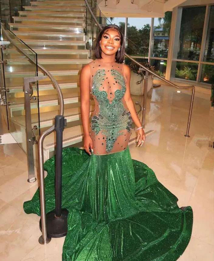 Emerald Green Mermaid Black Girl Evening Dress customsized Diamond Crystal Sheer Mesh Prom Birthday Gala Gown