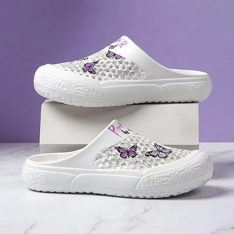 

Женские летние тапочки Baotou на плоской подошве с мягкой подошвой, нескользящие дышащие легкие уличные пляжные полутапочки, сандалии