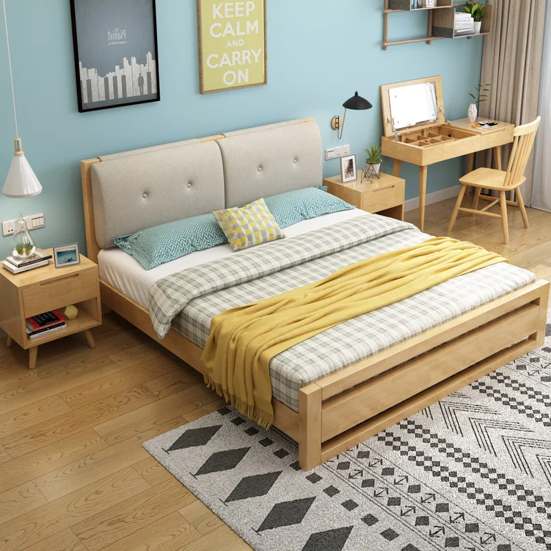 Nordic solid wood bed bedroom rubber wood 1.5 meters single bed simple 1.8 meters soft and hard master bedroom double