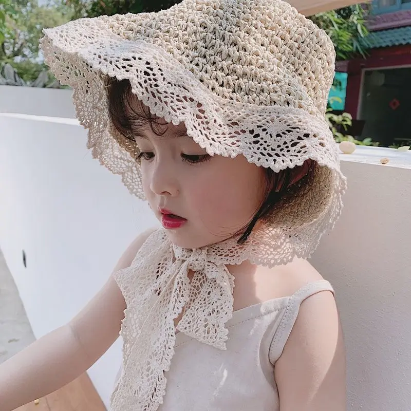 

Summer Lace Straw Hat for Baby Outdoor Beach Travel Panama Sun Cap Cute Wide Brim Kids Fisherman Hats Girls Bucket Hats