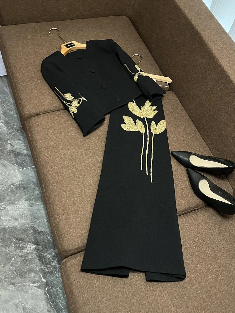 

New Arrival Ele Floral Embellied Heavy Embroidery Seven-Quarter Sve Jaet Coat Mid-Length Skirt Set A0522