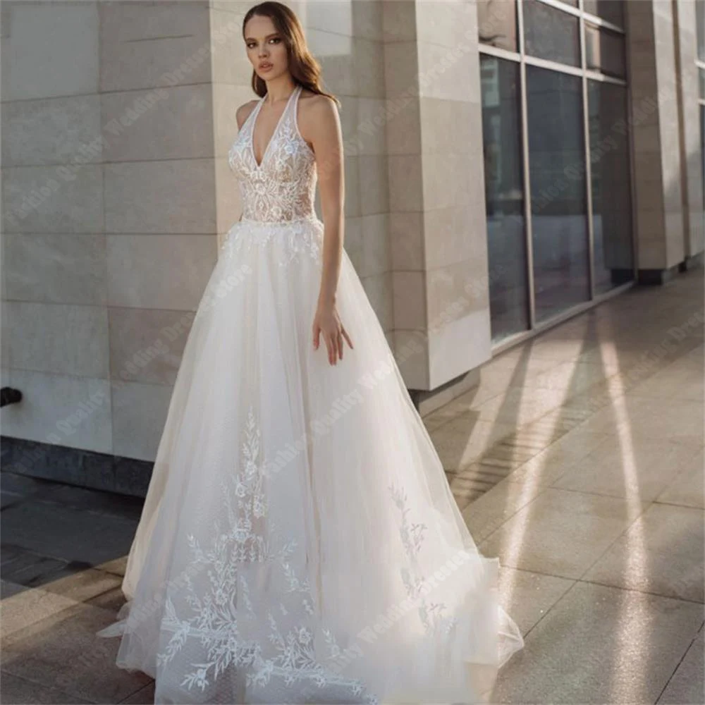 

Sexy V-Neck Sleeveless Wedding Dresses For Women Tulle Surface Bridal Gowns 2024 Mopping Length Backless Women Vestidos De Novia