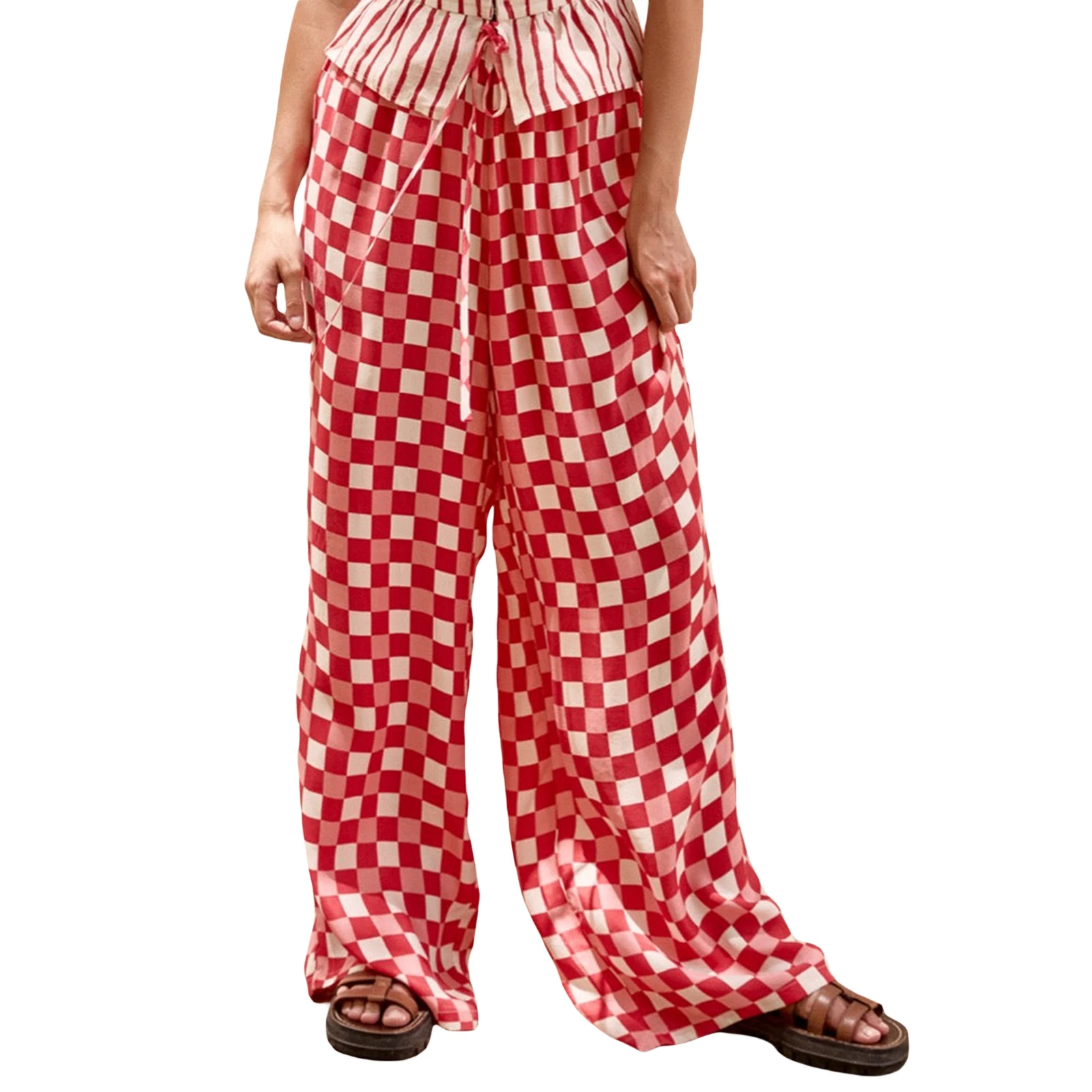 Women Wide Leg Pants Casual Checkerboard Print Loose Elastic Waist Trousers Streetwear