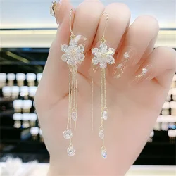 Luxury Shiny Zircon Flower Tassel Drop Earrings For Women Exquisite Inlaid Crystal Floral Ear Line Earring Wedding Party Jewelry