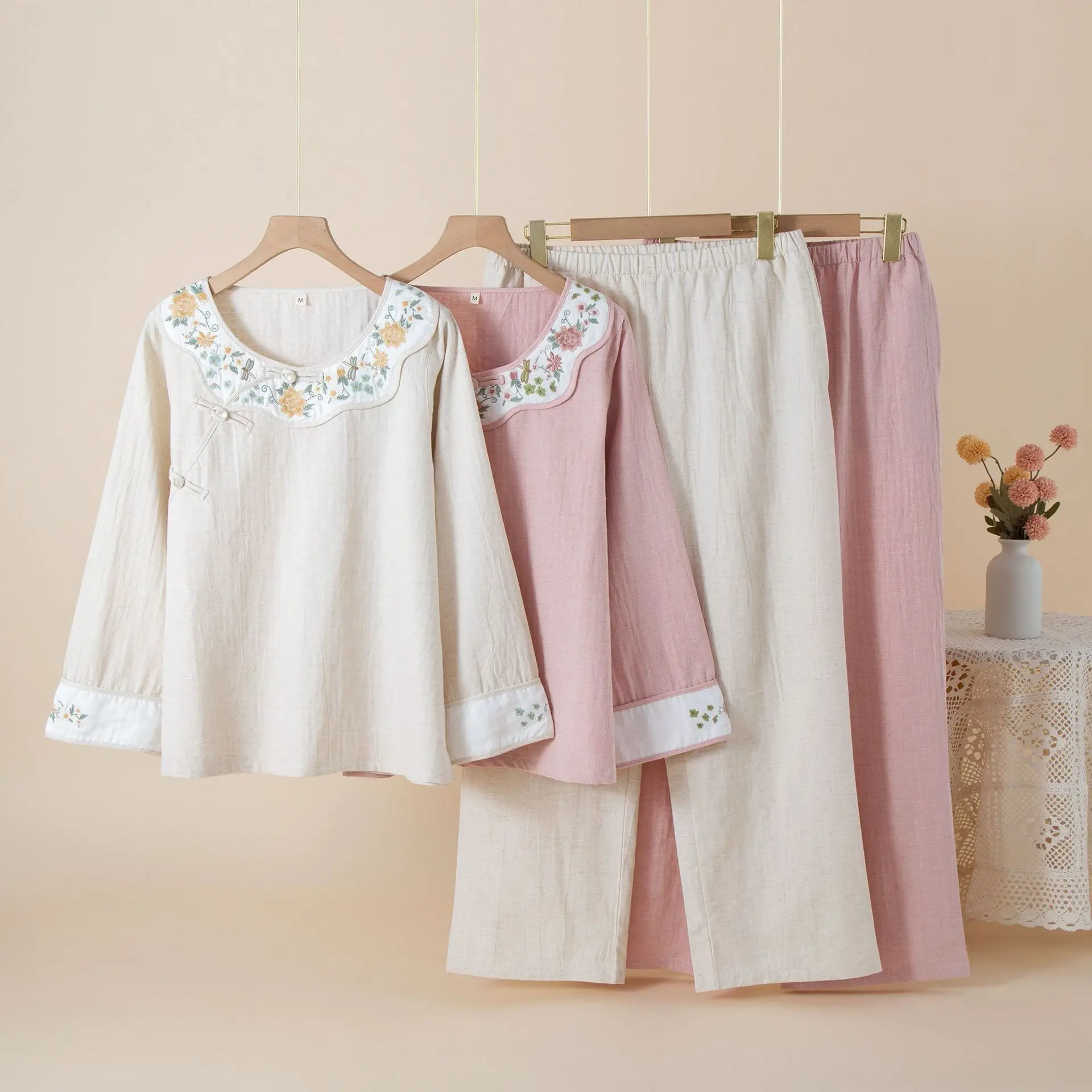 

Women Cotton Linen Embroider Flower Pajama Set Soft Breathable All Season Sleepwear Chinese Style Spring New Button Loungewear