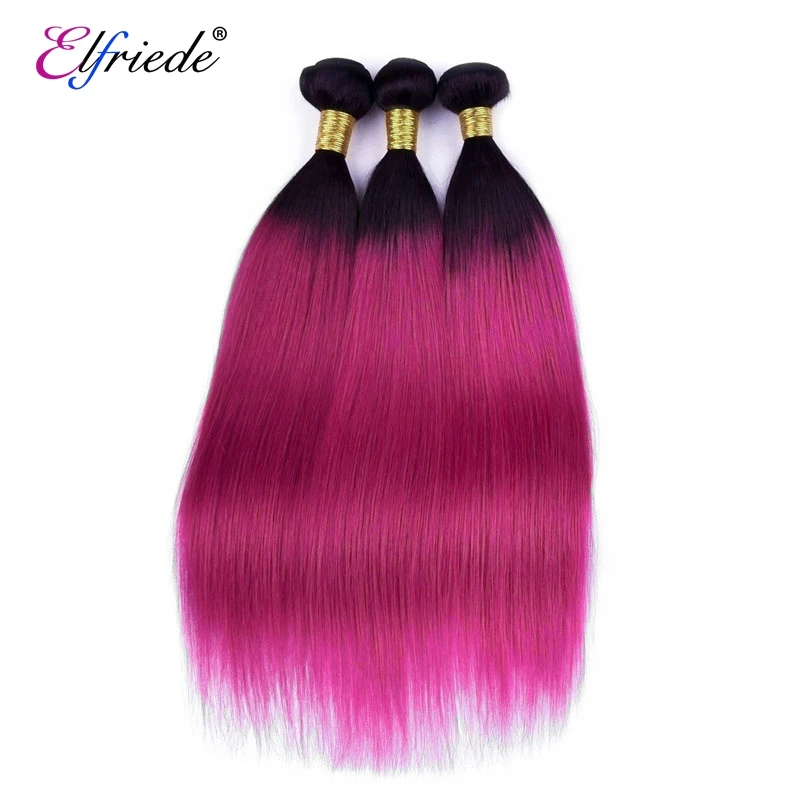 Elfrietris Straight Human Hair Bundles, Ombre Colorido, 100% Extensões de Cabelo Humano, Tramas de Cabelo Costurado, 1B Rose Red, 3 ou 4 Pacotes Promoções