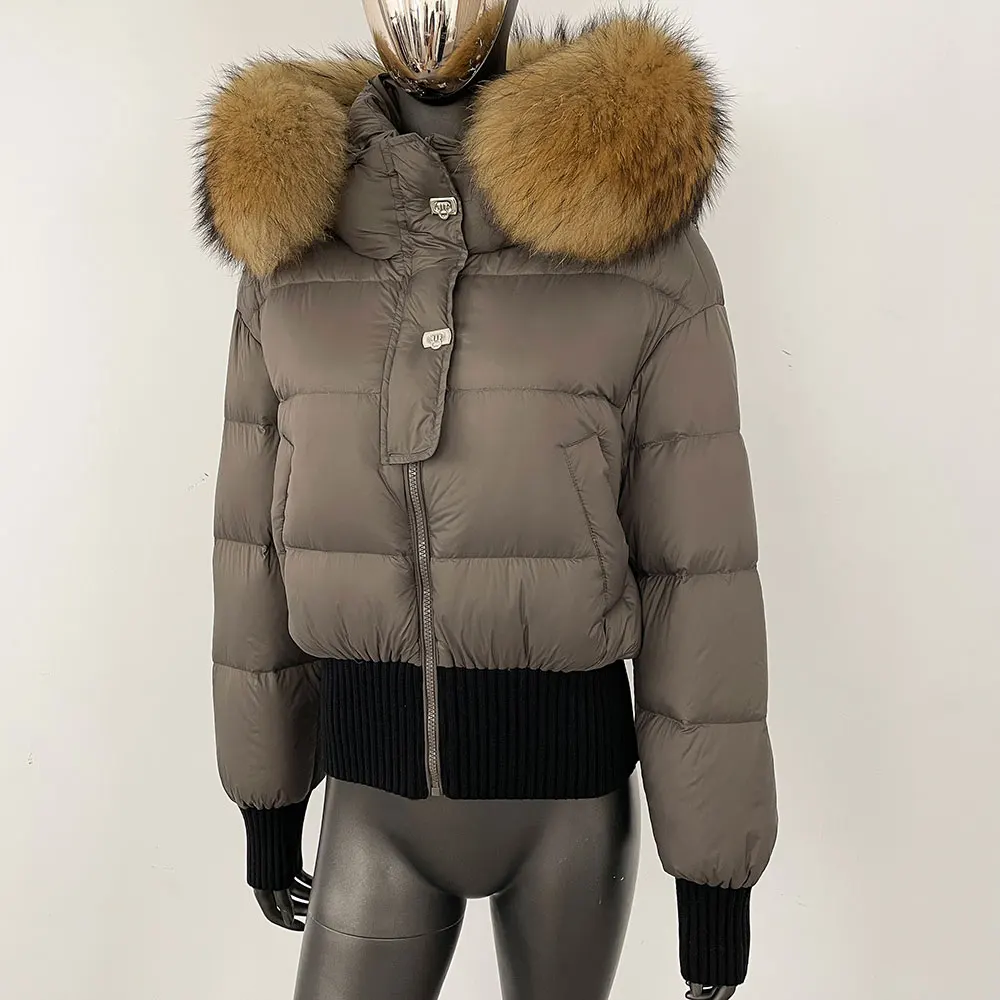 Jaqueta de pele de realidade feminina moda com capuz pato branco para baixo casaco grosso quente casual natural real guaxinim gola de pele de raposa casaco de inverno