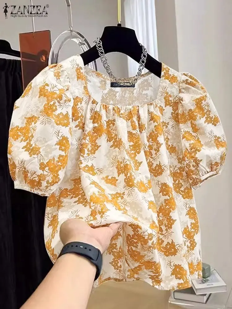 

Свободная блузка ZANZEA в стиле Харадзюку с пышными короткими рукавами, женская блузка в Корейском стиле с цветочным рисунком, милые праздничные плиссированные туники, лето 2024